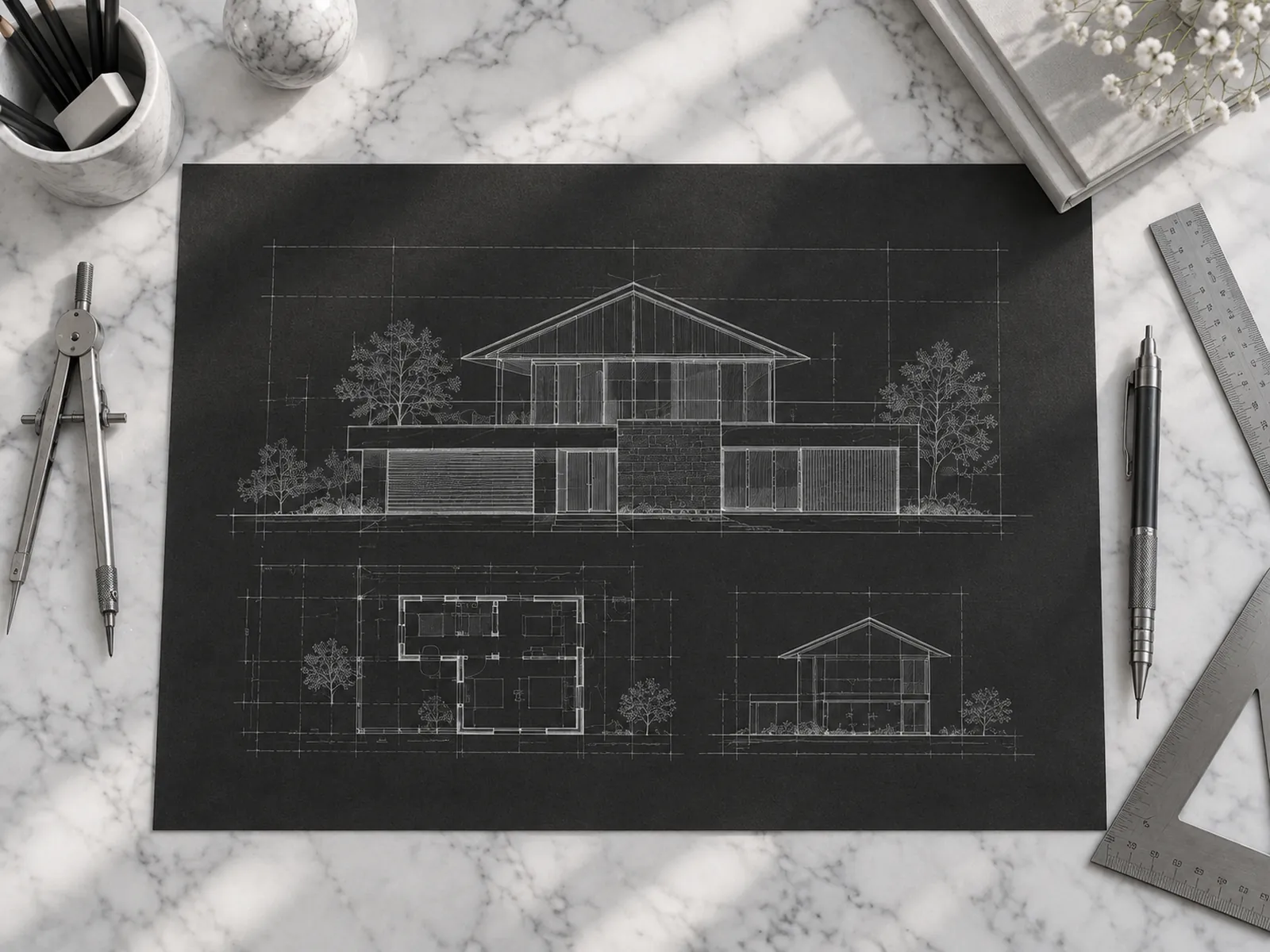 Architektenriss eines Hauses: Ansicht, Grundriss und Schnitt.